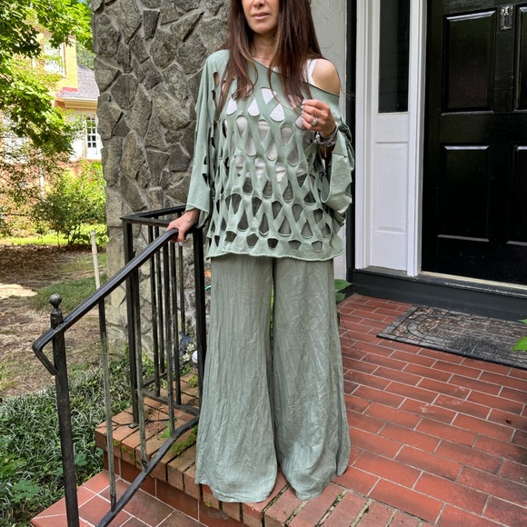 38 MADE IN ITALY LINEN PALAZZO PANTS - Picture 2 of 5